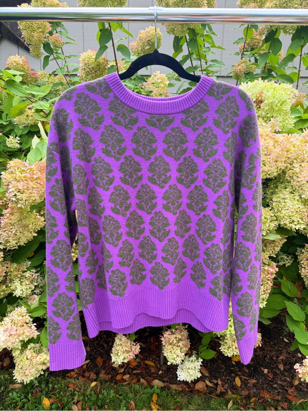 RHODE Purple Crewneck Sweater with Olive Floral Jacquard